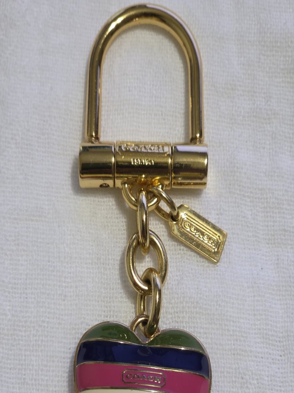 EUC - Coach Y2K Legacy Striped Enamel Heart Keyring/Bag Charm - Gold/Multicolor